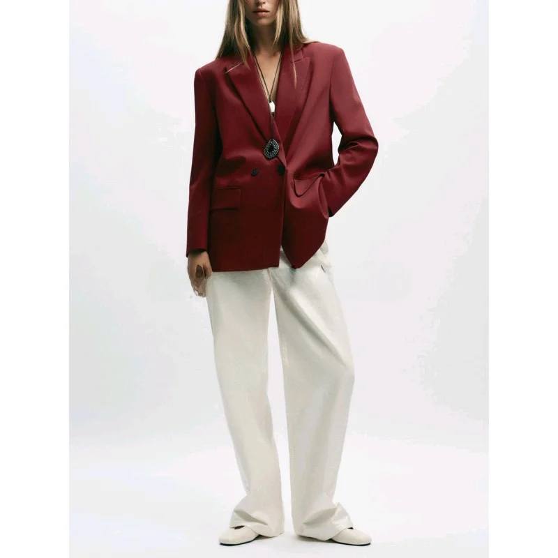 New Autumn Women's Commuter Sle Long Sve Notch Collar Padded oulder Double Breasted Suit Jaet Casual Polyester Fiber