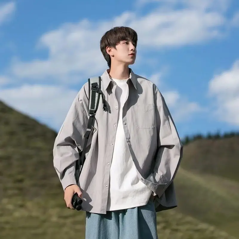 

Весенне-осенний гонконгский стиль, большой размер, однотонная модная свободная универсальная красивая повседневная куртка-рубашка с длинными рукавами, тонкая секция