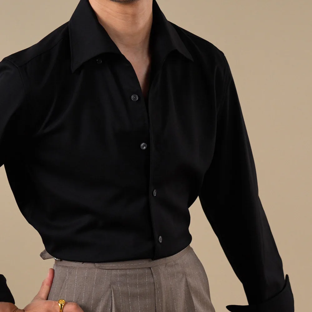 Italian Hidden Button Collar Shirt For Men Streetwear Casual Shirt Business Commuter Shirt Men Dress Camisa Social Masculina