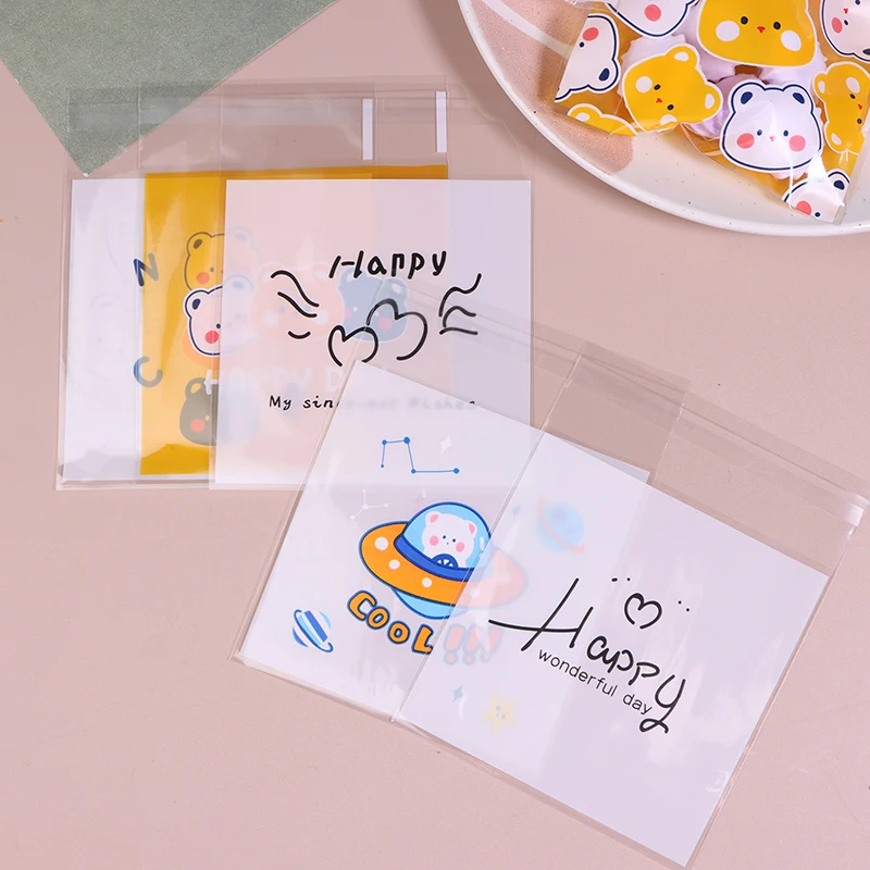 10Pcs Cute Cartoon Self-Adhesive Cookie Candy Gift Bags Wedding Birthday Party Biscuit Baking Packaging Bag Wrapping Supplies