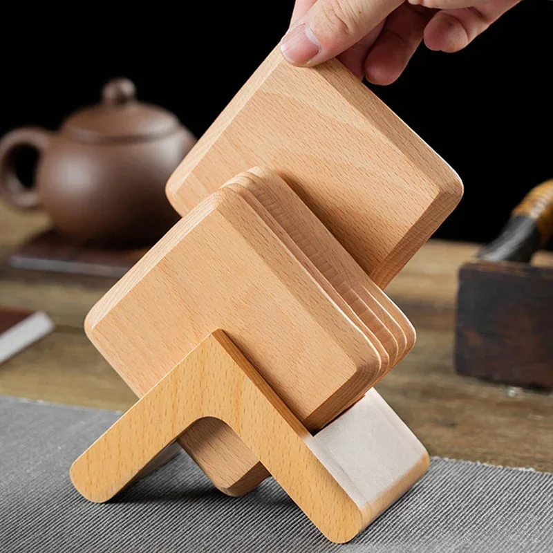 Square Wood Cup Mat 6Pcs Coaster Set Drink Coaster Table Placemat Coffee Cup Coasters with Holder Kitchen Decoration Accessories