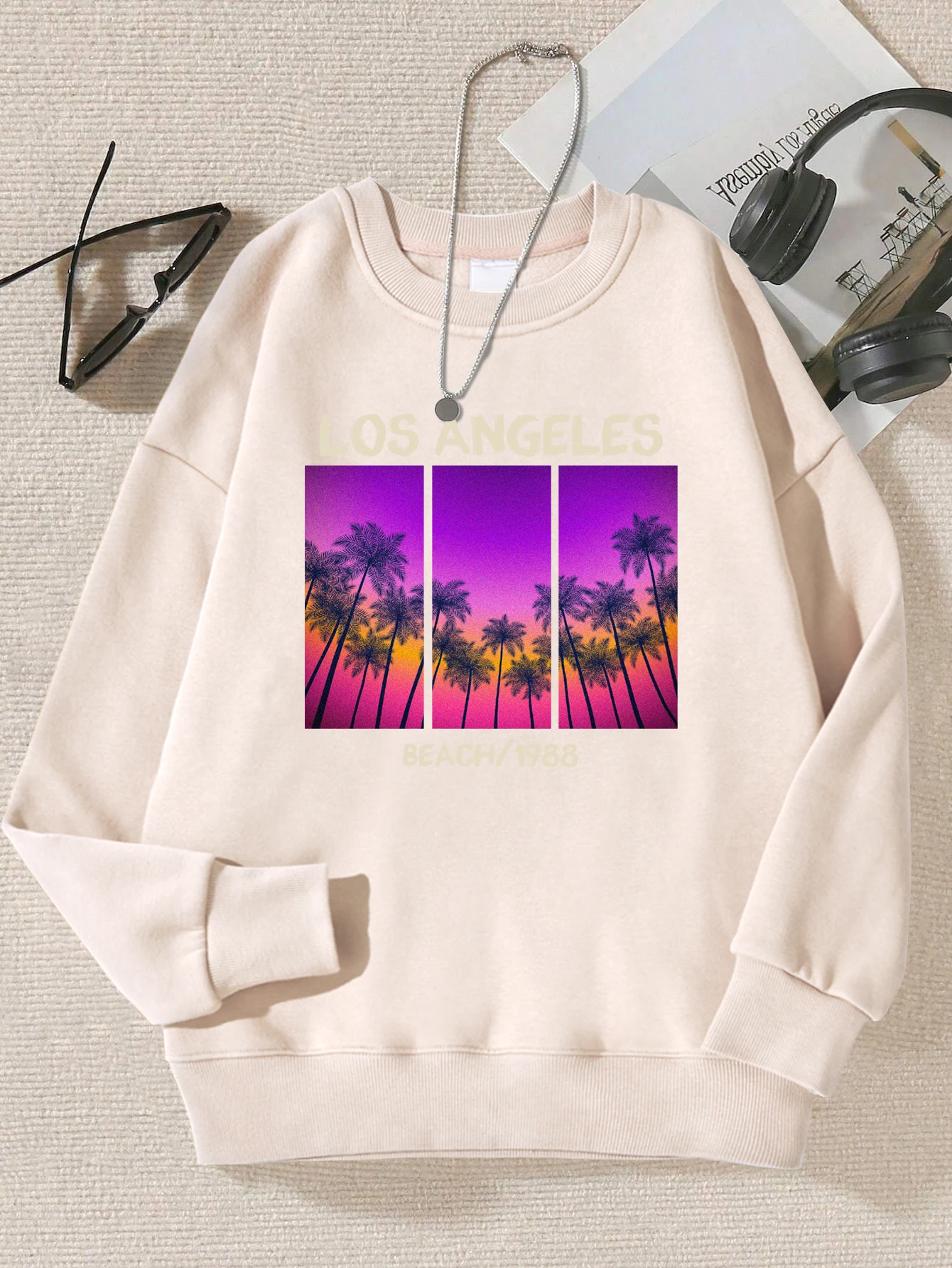 Los Angeles Beach 1988 Print Streetwear Women Simple Hip Hop Sweatshirt Sport Fur-Line Pullovers Soft Multicolor Unisex Tops
