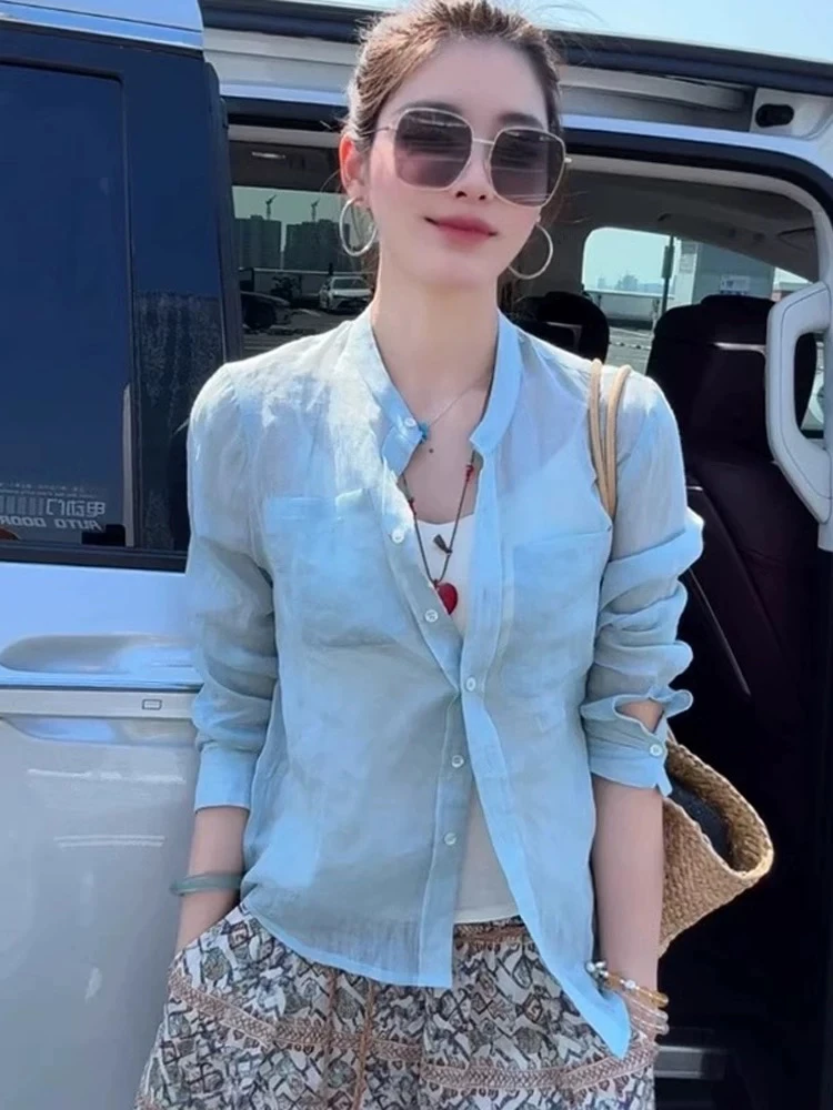 Ele Simple Linen Long Sve irt Cardigan aperto leggero primavera estate da donna Top Faion Sensation Protezione solare