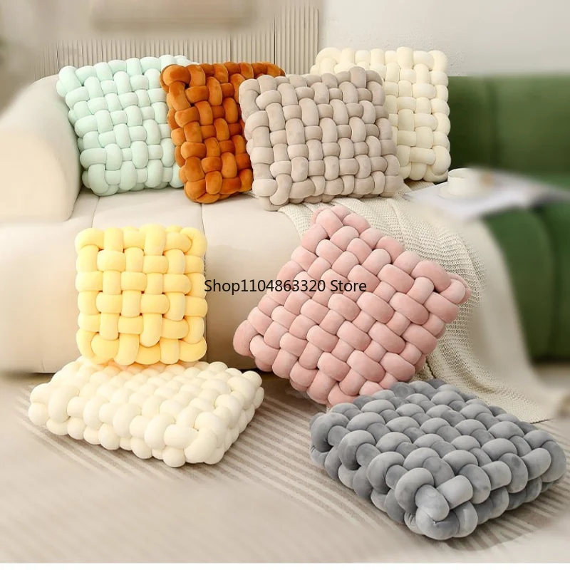Living Room Soft Plush Knot Cushion,Sofa Pillow Solid Square Hand-Woven Home Throw Pillow,Square Woven Seat Cushion
