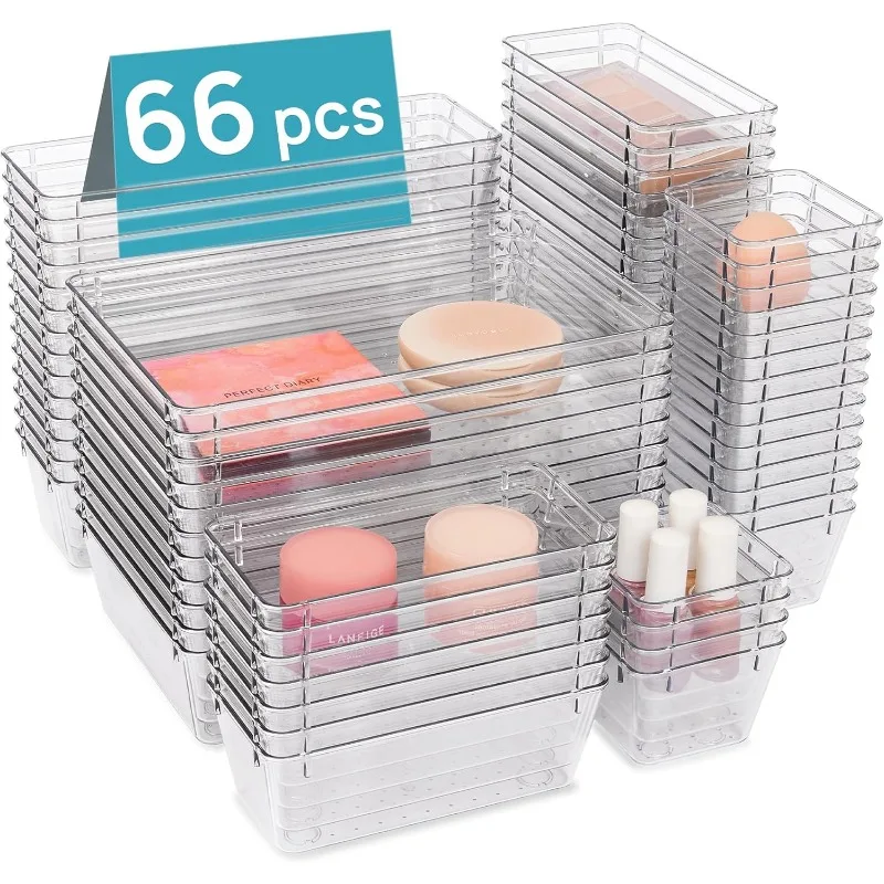 66 PCS Clear Plastic Drawer Organizer Bins, 4-Size Versatile Bathroom and Vanity Organizer Trays, Acrylic Storage Containers