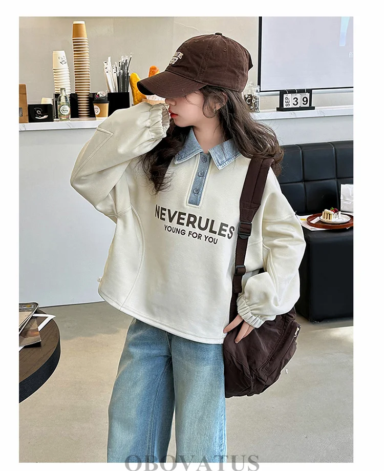 Koreanische Kinder-Langarm-Poloshirts für Mädchen Neue Mode Streetwear Kinder-Sweatshirt mit Denim-Kragen für Teenager im Alter von 5-14 Jahren – Detail 8