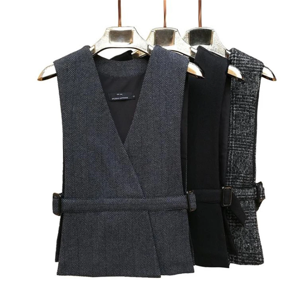 Korean Slim Spring 40% Woolen Suit Women Elegant Striped Belt Sleeveless Outerwear Female Blazer Femme Waistcoat Gilet S-5XL