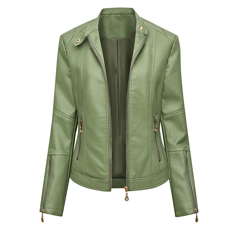 New Slim Fit Women PU Leather Jacket Fashion Versatile Cropped Long Sleeve Coat Simple Stand Collar Solid Top Spring Autumn