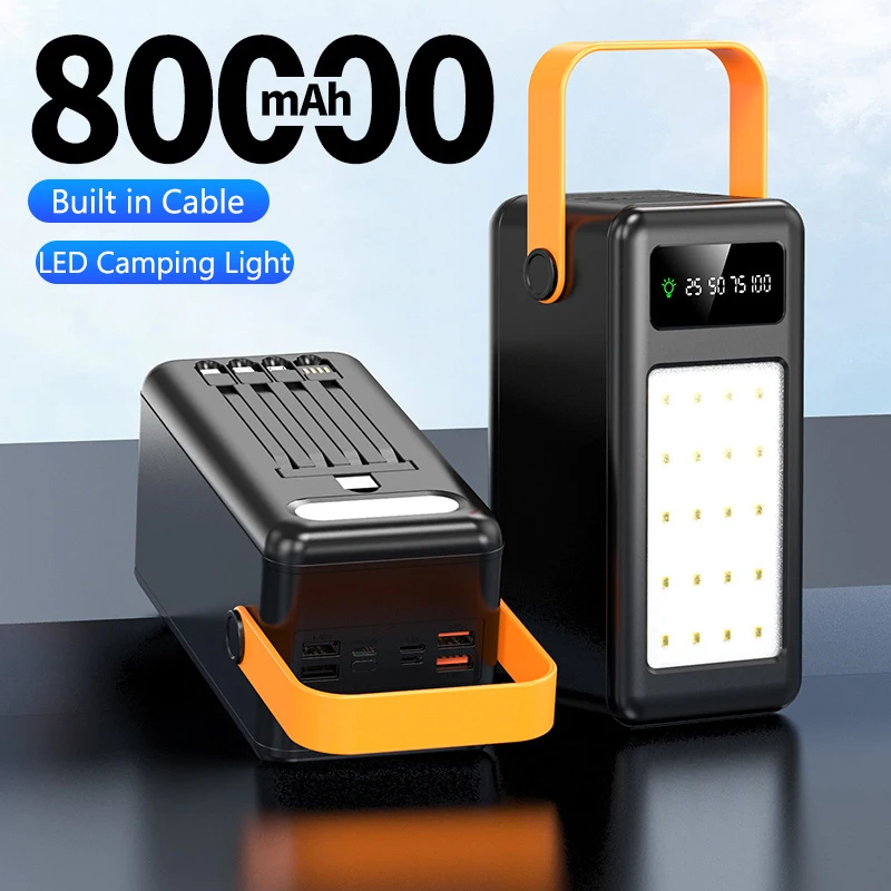 

Portable Power Bank 80000mAh Large Capacity Battery Charger Powerbank With LED Camping Light for iPhone 16 Xiaomi Samsung Huawei