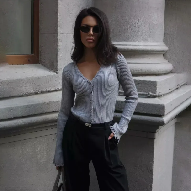 Tuularose المرأة سترة متماسكة موضة أنيقة الخامس الرقبة المرقعة سترة جديدة الصلبة الشارع الشهير ركاب الأساسية الإناث سترة متماسكة #5