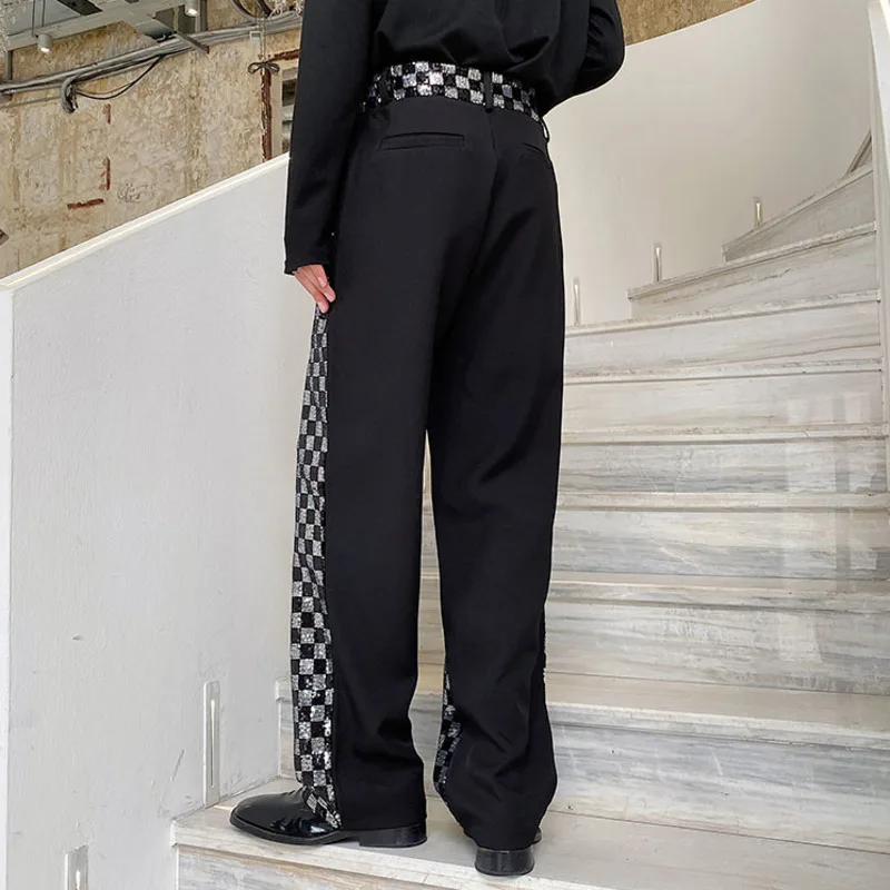 PFNW Men's Niche Black And White Checkered Sequin Patchwork Men's Long Pants Straight Wide Leg Design Chic Trousers Korean Y9982