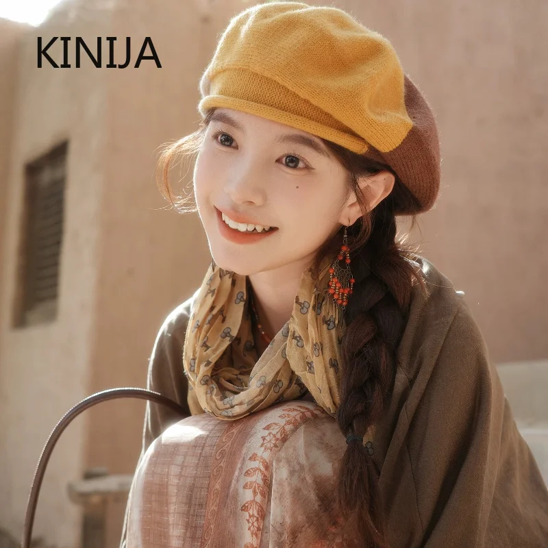 NEW Japanese Personalized Three-color Splicing Knitted Large Beret Women Autumn Winter Warm Literary Retro Octagonal Pumpkin Hat