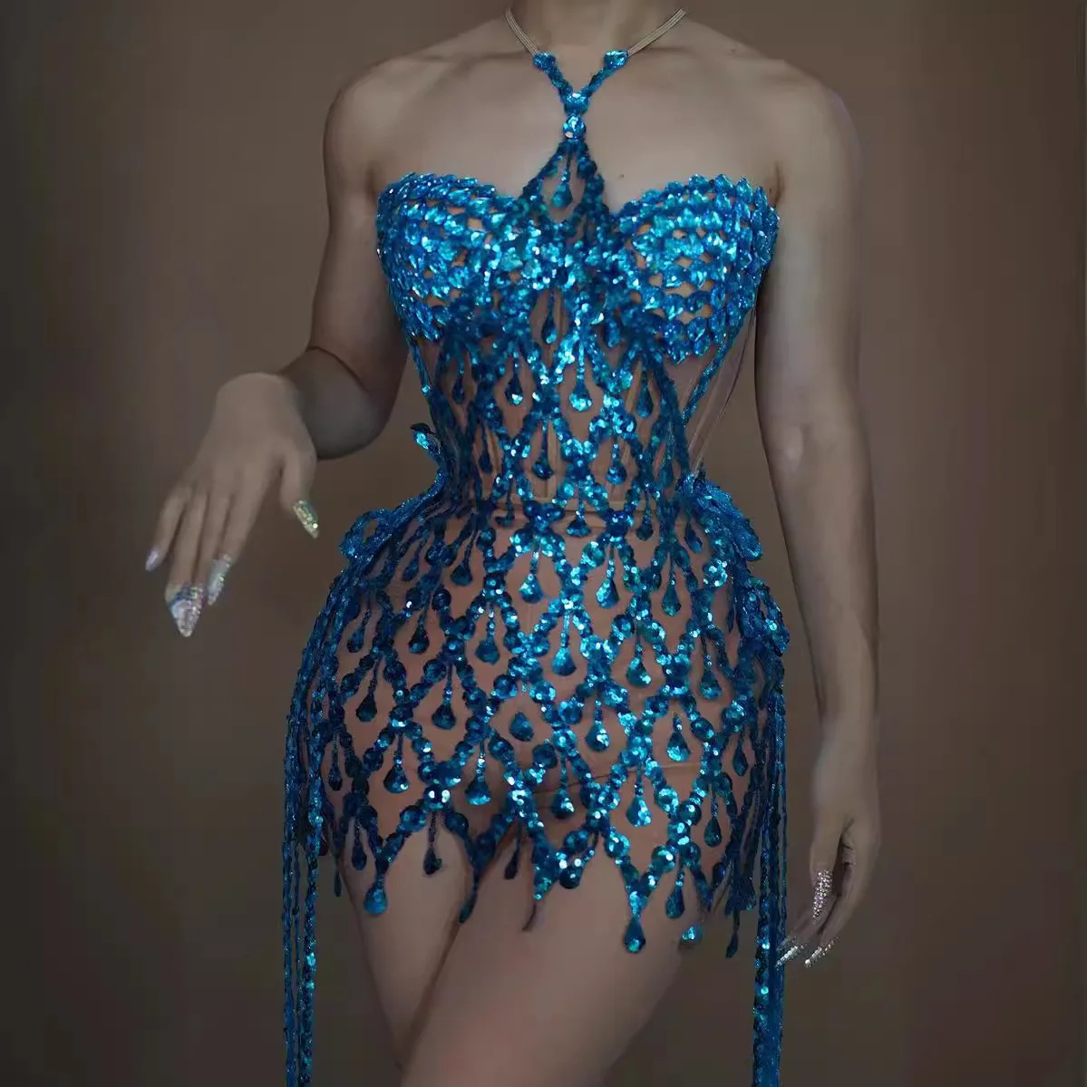 

Sexy Rhinestone Neck Dress Sequined Clubwear Evening Gown Nightclub Party Skirt Performance Outfit платье брюки женское вечернее