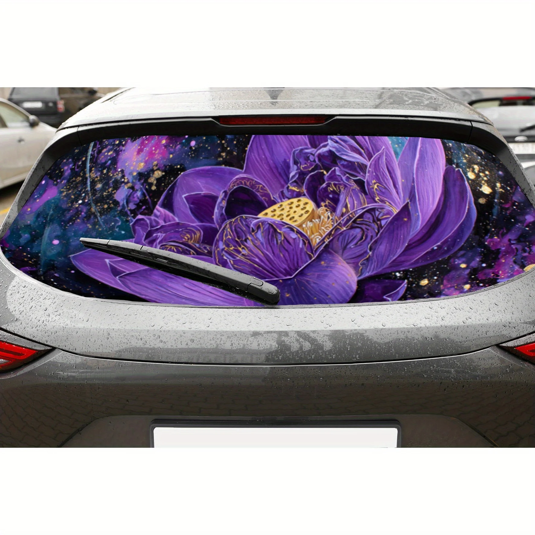 

Космический фиолетовый лотос, ПВХ, перфорированные автомобильные виниловые обертывания, прочная наклейка на заднее лобовое стекло автомобиля, водонепроницаемая наклейка на заднее окно автомобиля, Priva