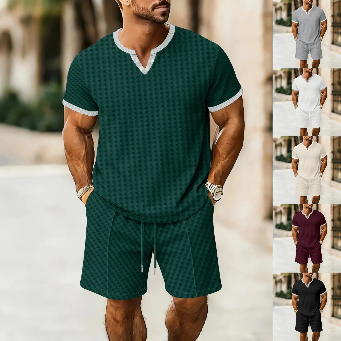 Summer Men's Best-Selling Waffle Fabric V-Neck Simple and Fashionable Comfortable Breathable Short-Sleeved Short Pants Set