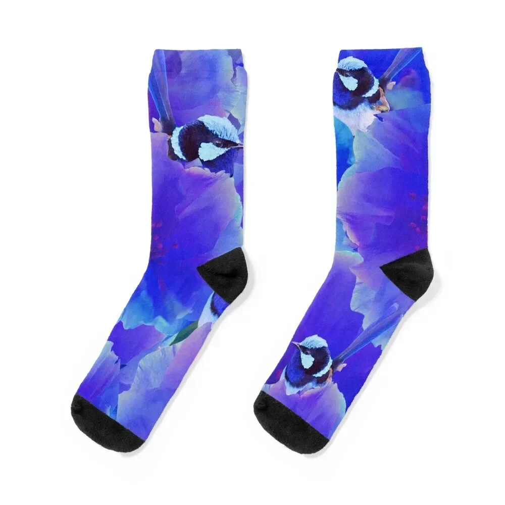 Bluetiful - Spot the Wren - Blossom Floral & Blue Wren Behind Black Socks hip hop anime Socks Girl Men's