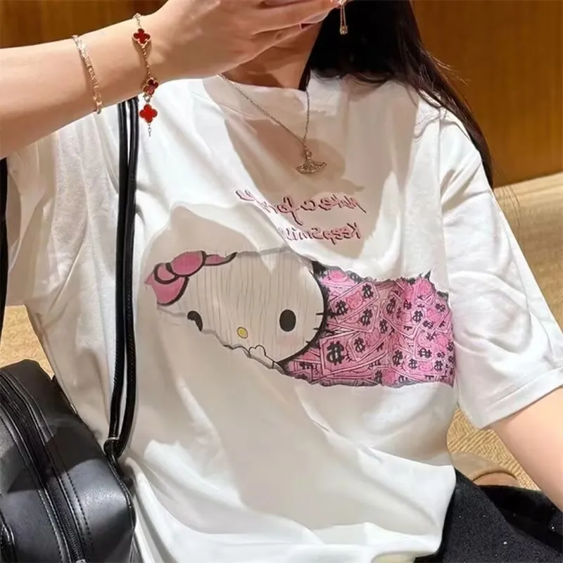 

100% Pure Cotton Hello Kitty Japanese Print New Short Sleeved Oversized T Shirt O-Neck Loose Casual Top Versatile Women Clothing