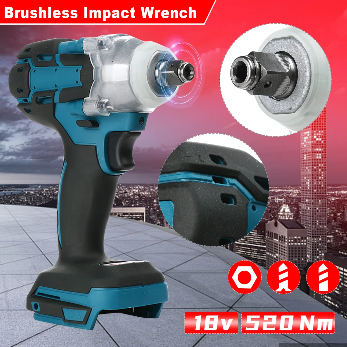 520N.M Torque Brushless Electric Impact Wrench 1/2 inch Cordless Electric Wrench Screwdriver Power Tool for Makita 18V Battery Pin