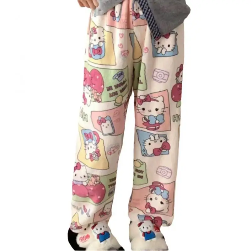 Cute Sanrioed Kuromi My Melody Hellokitty Cinnamoroll Sleeping Pants Women's Coral Fleece Autumn and Winter Cartoon Home Pants