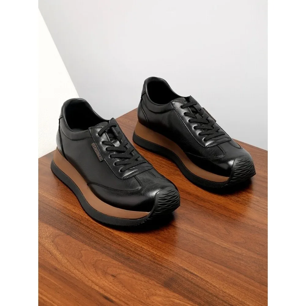 Black Top Cowhide Men's Shoes Genuine Leather Sports Casual Shoes Soft Sole Thick Sole Trendy Summer