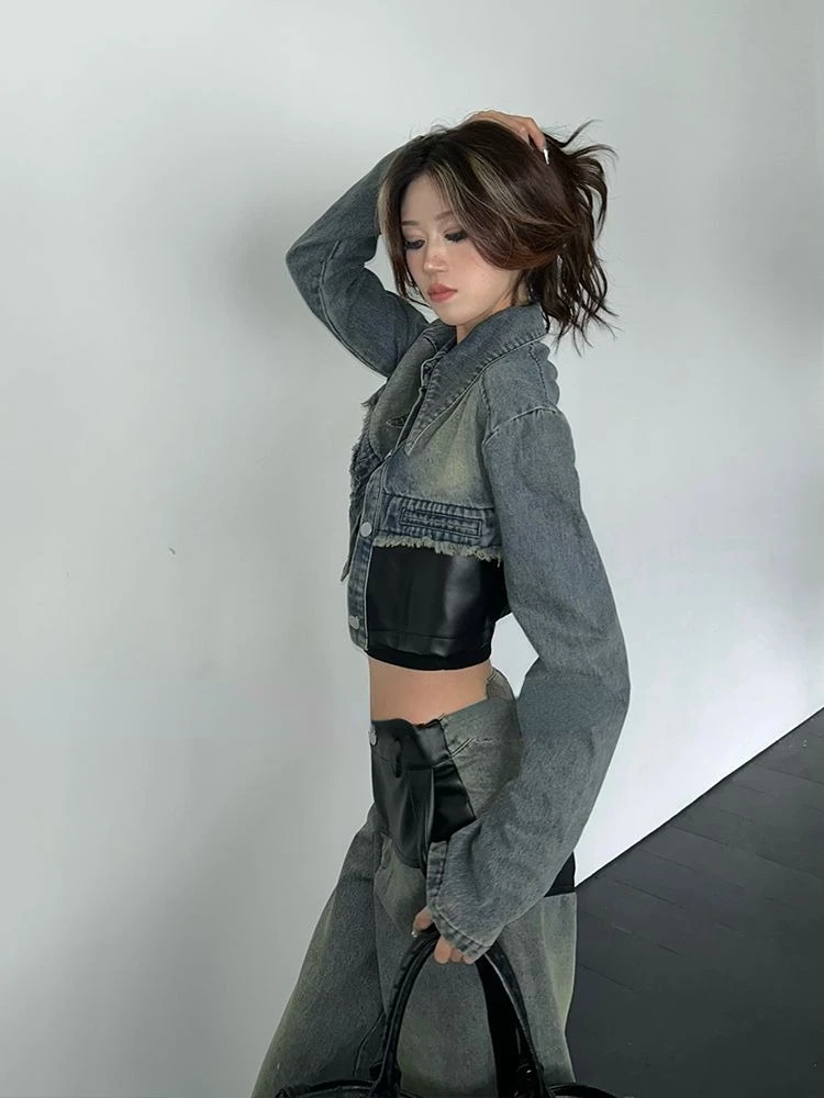 Fashion Vintage Blue Long Sleeve Denim Coat Women+ Y2k E-Girl High Waist Loose Wide Leg Pants Spring New Two Piece Sets