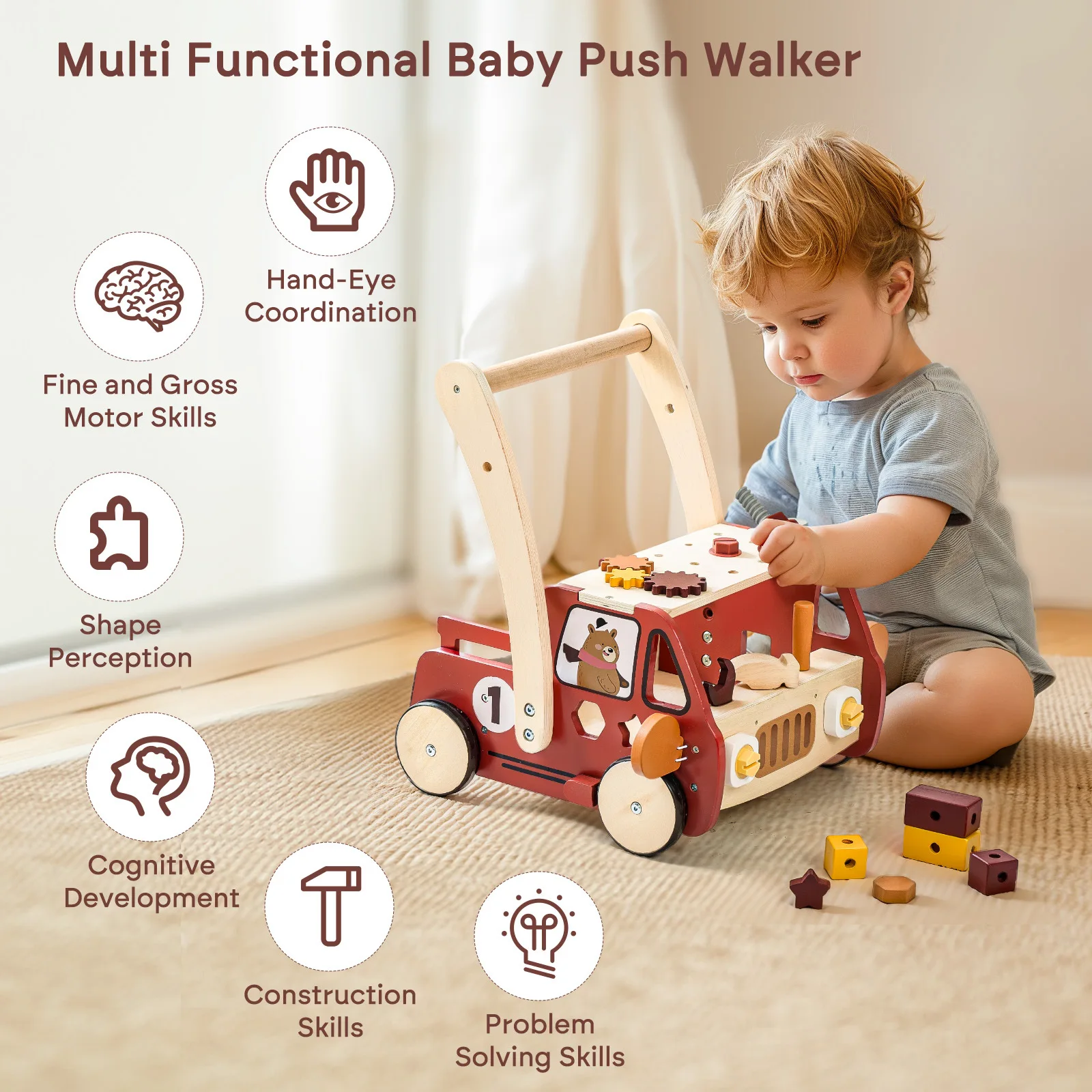 Baby Walker Cart Anti-Tip Learning Toy with Building Blocks