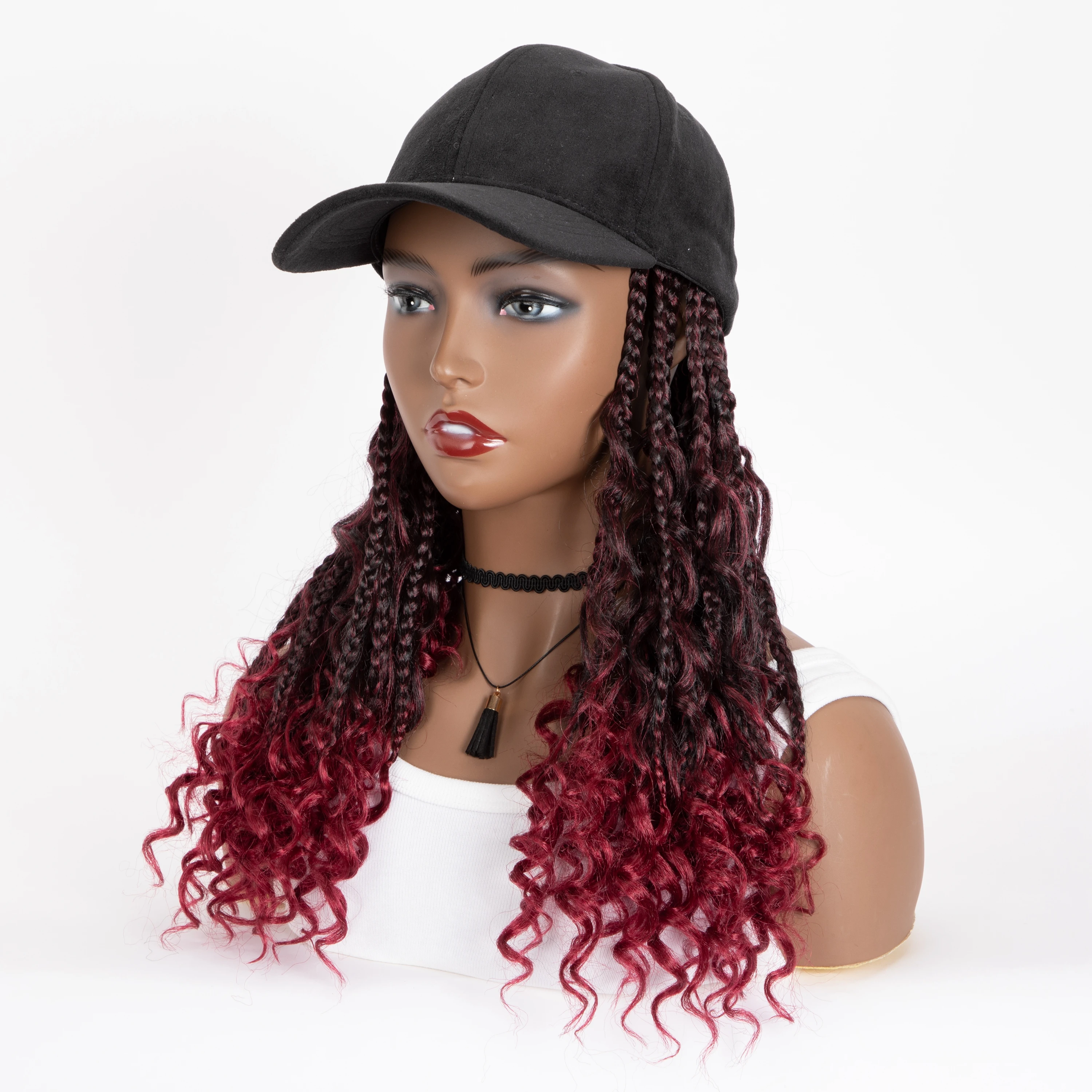 Gorra de béisbol con trenzas de 14 "y 20" para mujer, gorro sintético con trenzas ajustables, extensiones de cabello rizado, Media Ombre Boho Box