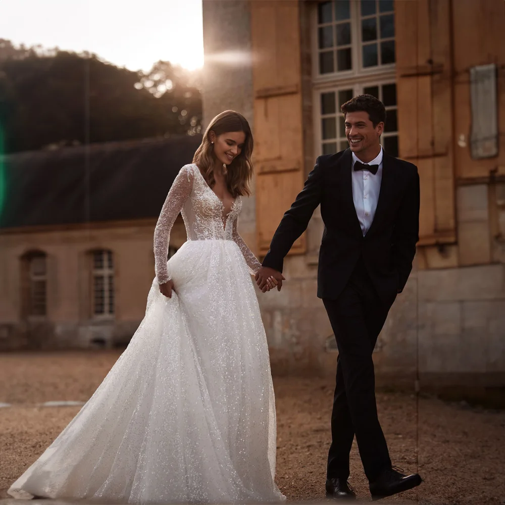 Vestido de noiva com lantejoulas cintilantes feminino, manga longa de ilusão, vestido plissado linha-A, elegante, corte