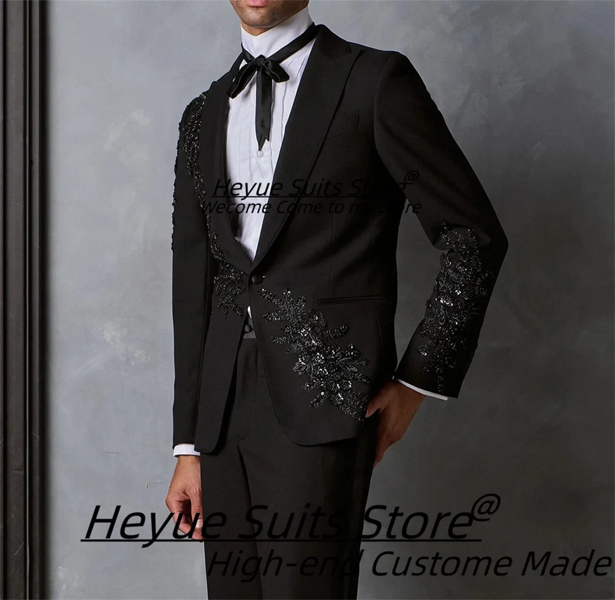 Luxurious Black Bead embroidery Groom Wedding Tuxedos Customized Slim Fit Peak Lapel Men Suits Formal 2 Pieces Sets Ropa Hombre