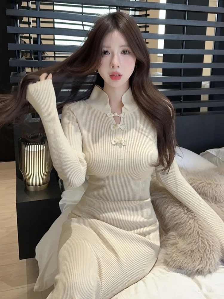 

Slim Fit Stand Collar Midi Dress Women's Autumn Winter New Chinese Style Tight Base Layer Wrap around Skirt mid Length Dress