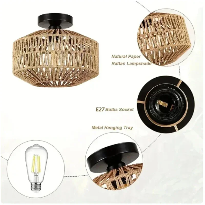 Ceiling Lamp Rattan E27 Bulb Chandelier Light Fixture Hand Woven  Mount For Hallway Bedroom Kitchen Entrance Living Room