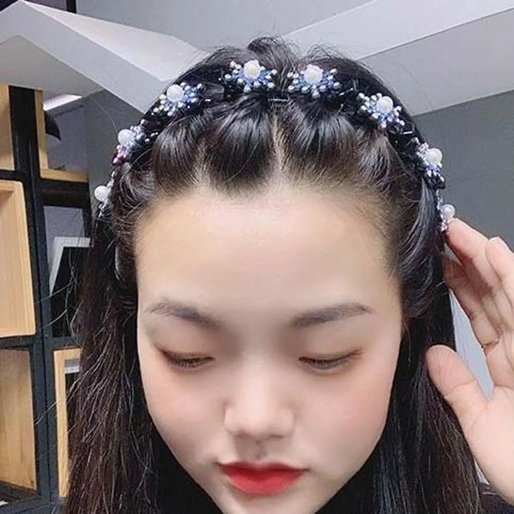 

Elegant Hair Bands with Clips Sweet French Style Women Pearl Hair Hoop Headwear Plastic Rhinestone Bangs Clip Headband Female