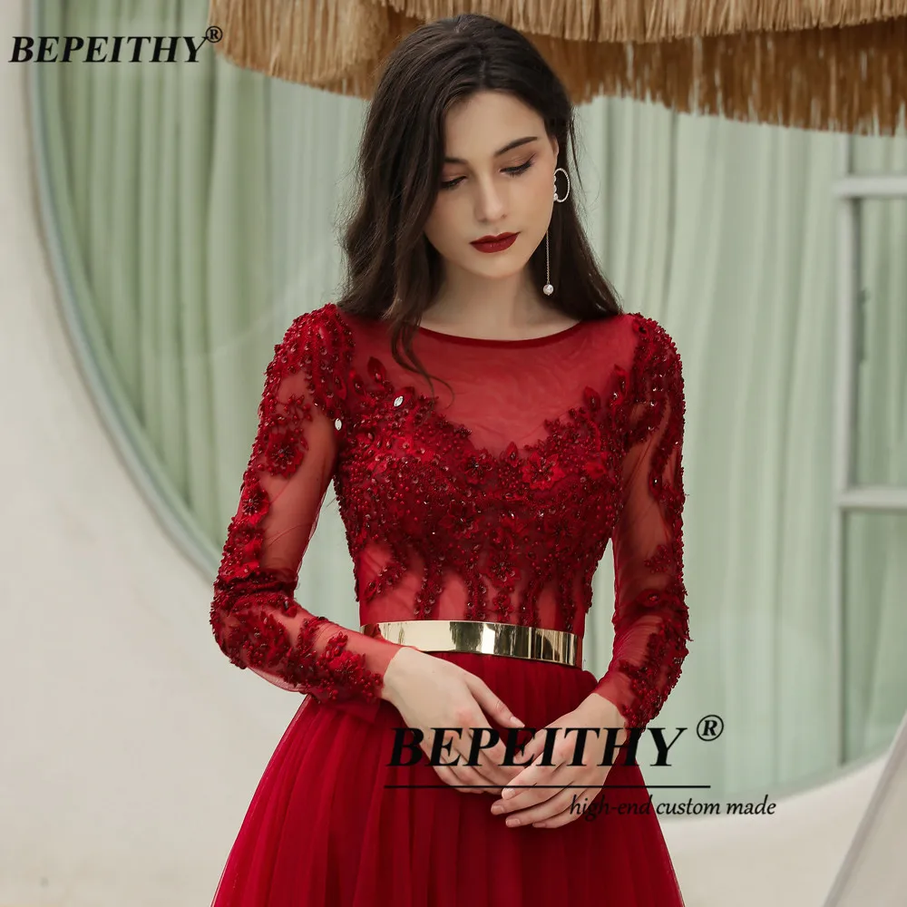 BEPEITHY Burgundy Chữ A Phối Ren Dạ HộI Dự TiệC Cưới Nữ Plus Kích Thước Tay Dài Dạ Hội Áo Chính Thức Sang Trọng Với Dây