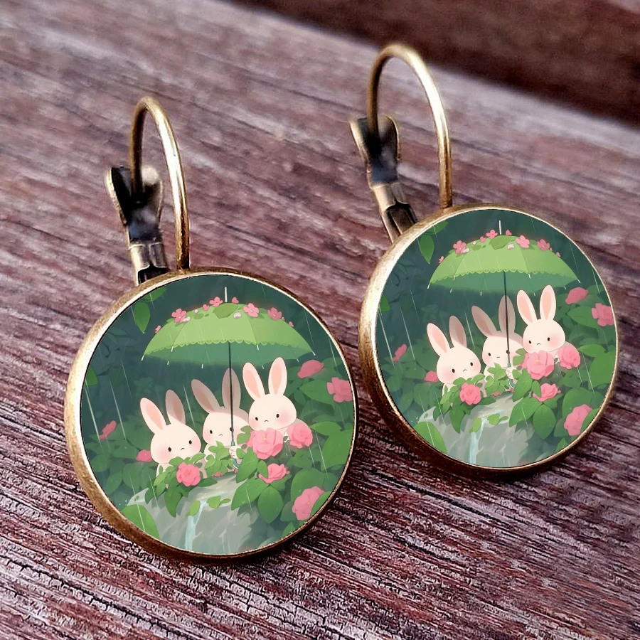 2024 New Painting Rabbit Earrings Cute Rabbit Animal Glass Cabochon Handmade Women\'s Jewelry Earrings I love little rabbits