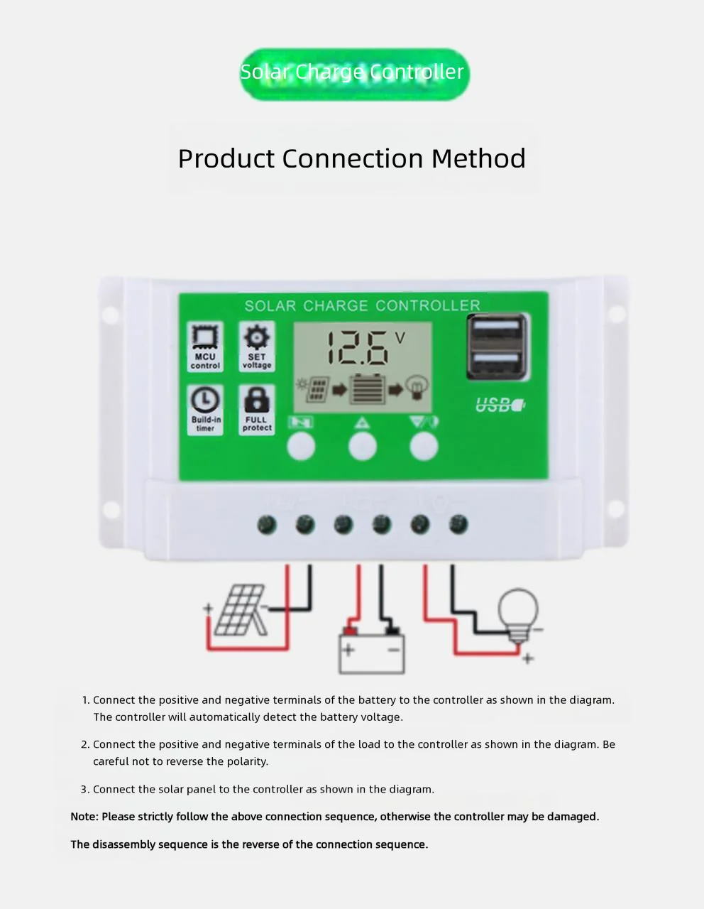 PWM Solar Charge Controller 10A 20A 30A 40A 50A 60A 12V 24V Auto LCD Dual USB for Lead Acid Lithium Battery