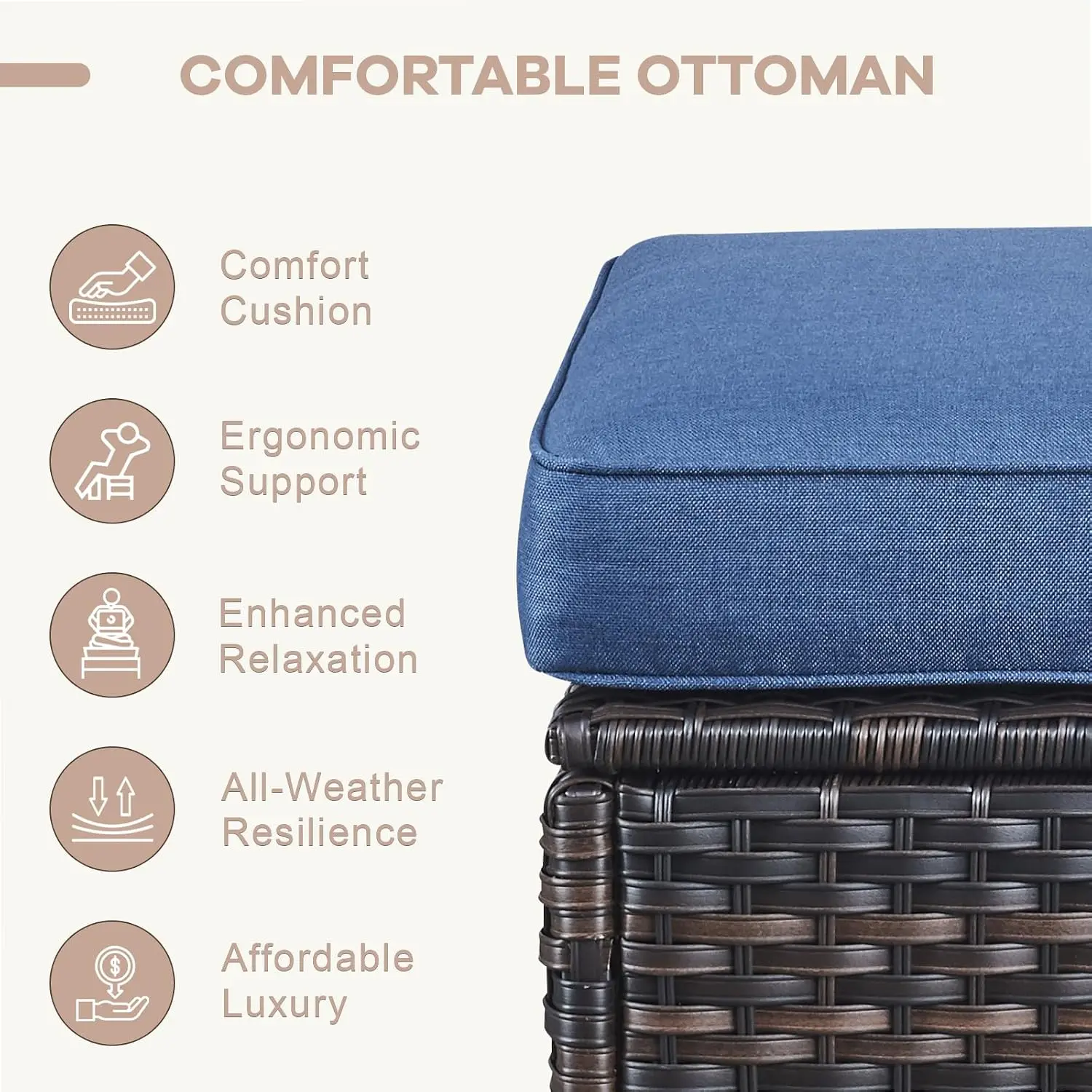 Patio Wicker Ottoman Set 2 Piece Footrest with Thickened Cushion for Outdoor Garden Porch Balcony Poolside Deck, Customized