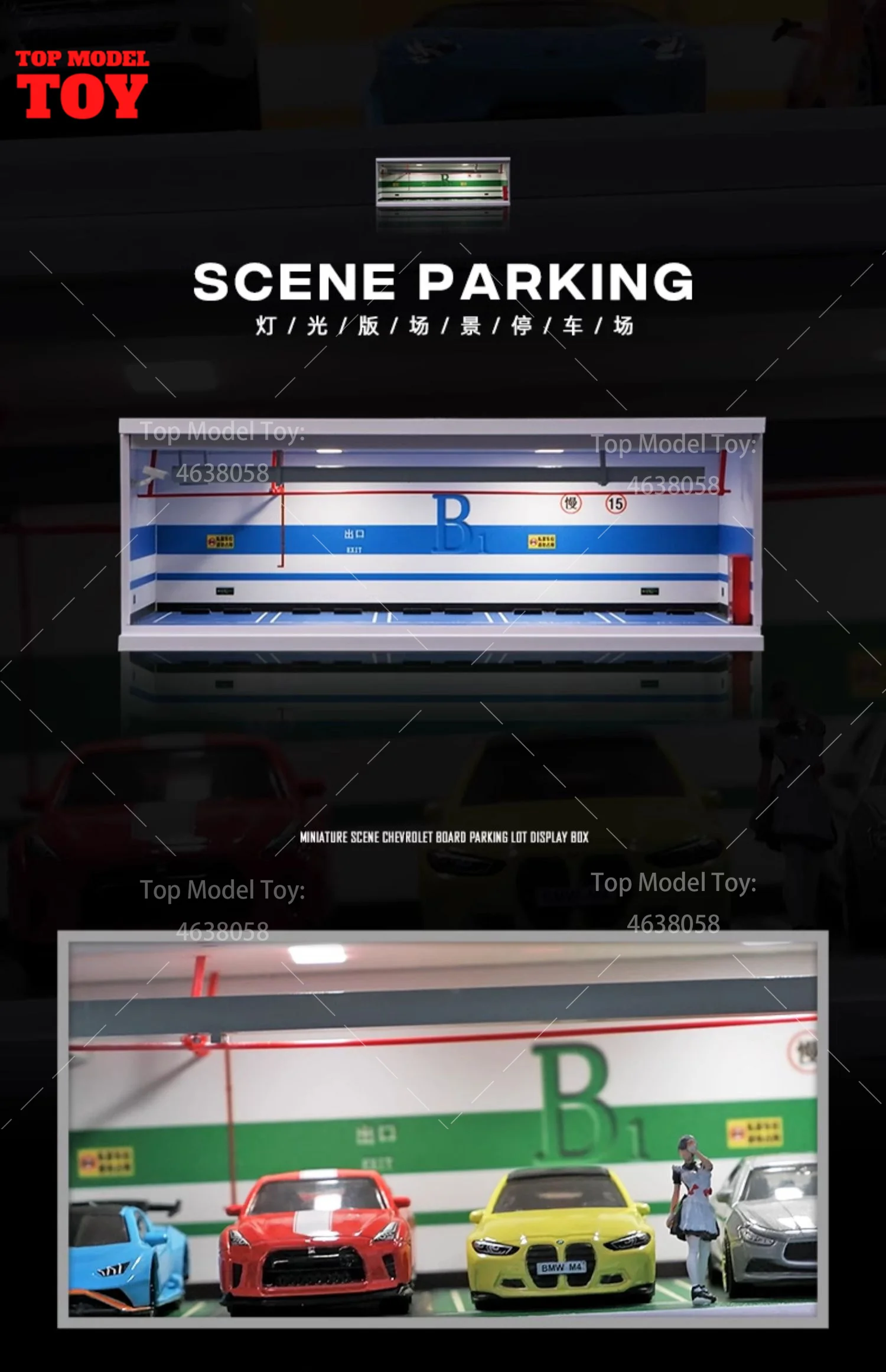 1/64 Scale Simulate Miniature Scene Parking Lot Garage Scene Model with Light Storage Display Box Mini House Props for Fans