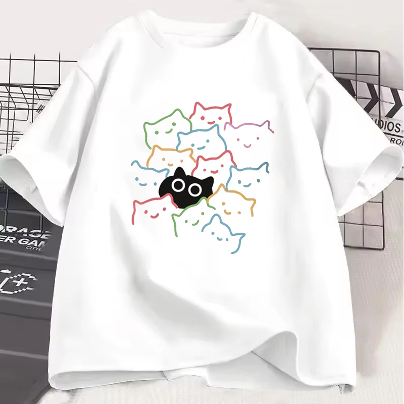 

Simplified Cartoon Cat Illustration Men Women T-shirt Cute Leisure Loose Graffiti Couple Shirt Trendy Urban Streetwear Tees Tops