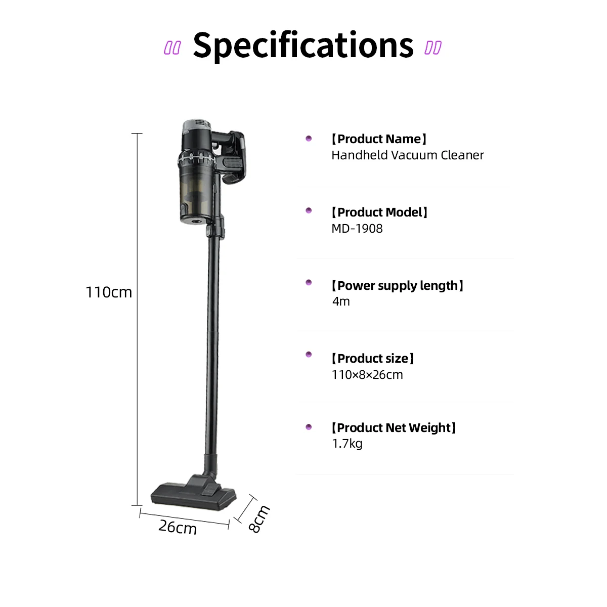 MD-1908 15000Pa High Power Vacuum Cleaner 400W Motor Powerful Suction Handheld Vertical Vaccum Cleaner for Home Appliance