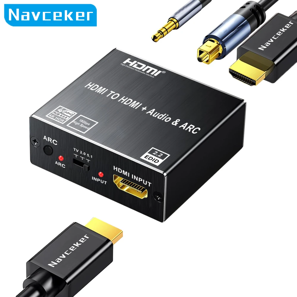 Navceker HDMI Audio Extractor HDMI to SPDIF Optical Toslink 3.5 Aux+4K HDMI Converter for TV Box to TV Soundbar Amplifier