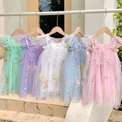 Sweet Baby Girl Clothes Floral Embroidery Fabric Three Dimensional Wing Decoration Baby Dresses Cute Fly Sleeve Baby Girl Dress