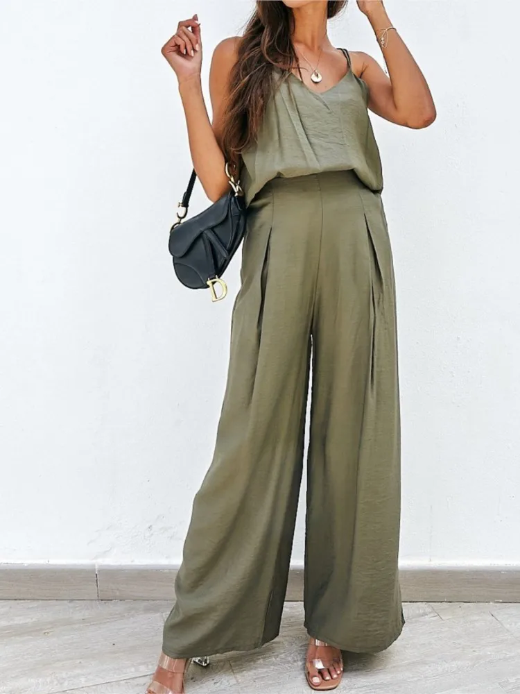 

Comfortable Casual Personality Trousers Set Women's Simple Solid Color Sleeveless Suspender Top Wide-leg Trousers Two-piece Set