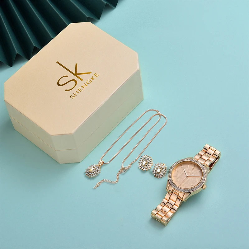 Shengke Luxury Crystal Earrings Necklace Women Watches Set Girl Clock Reloj Mujer 2021 SK Ladies Quartz Watch Gifts For Women