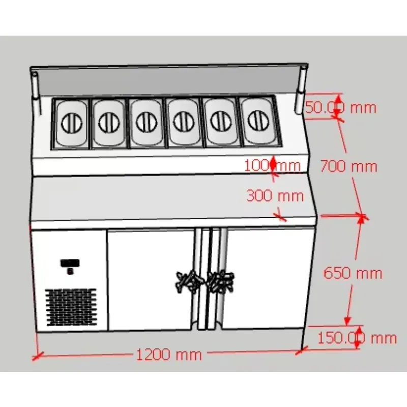 Mesa de operação de salada sem gelo de bancada refrigerada comercial com características de manutenção fresca com opções de resfriamento de ar e ventilador