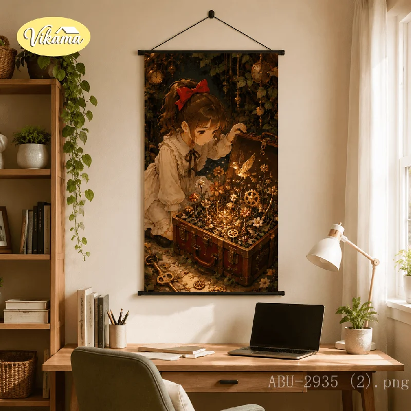 VIKAMA Cottagecore Anime Girl Tapestry Wall Hanging Sunflower Garden Steampunk Gear Wall Art for Bedroom Living Room Dorm Home