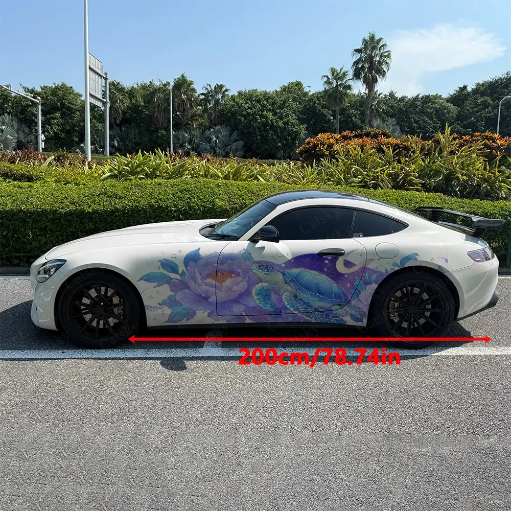 2pcs Night Sky Turtle Big Peony Car Side Wraps, Self-Adhesive PVC Waterproof & Scratch-Resistant Stickers, Car Accessory Gift