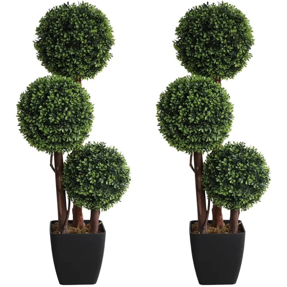 

Outdoor Artificial Ball Tree, 3-foot Fake Three Ball Boxwood Tree (2 Trees), Potted Artificial Shrub Plant