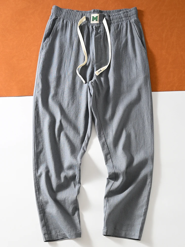 Cotton Linen Men's Summer Casual Pants Loose Straight Leg Elastic Waist Long Trousers Fashionable Urban Style Youth Wear