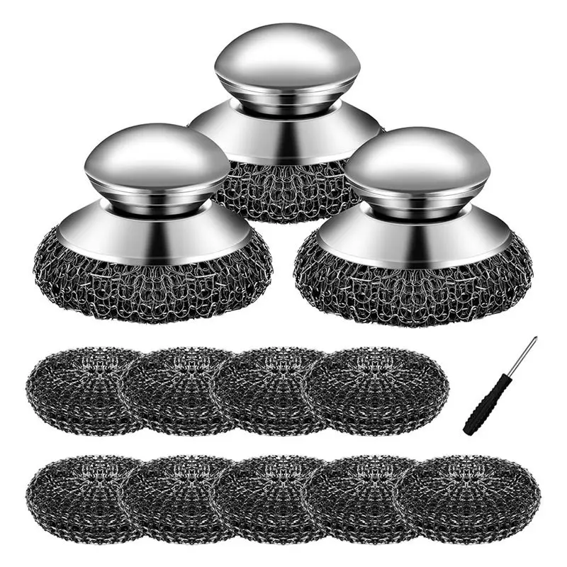 ABCA-Heavy Duty 3 Pcs Metal Pot Scrubber Brush With Handle, 9 Pcs Stainless Steel Wool For Effective Cleaning
