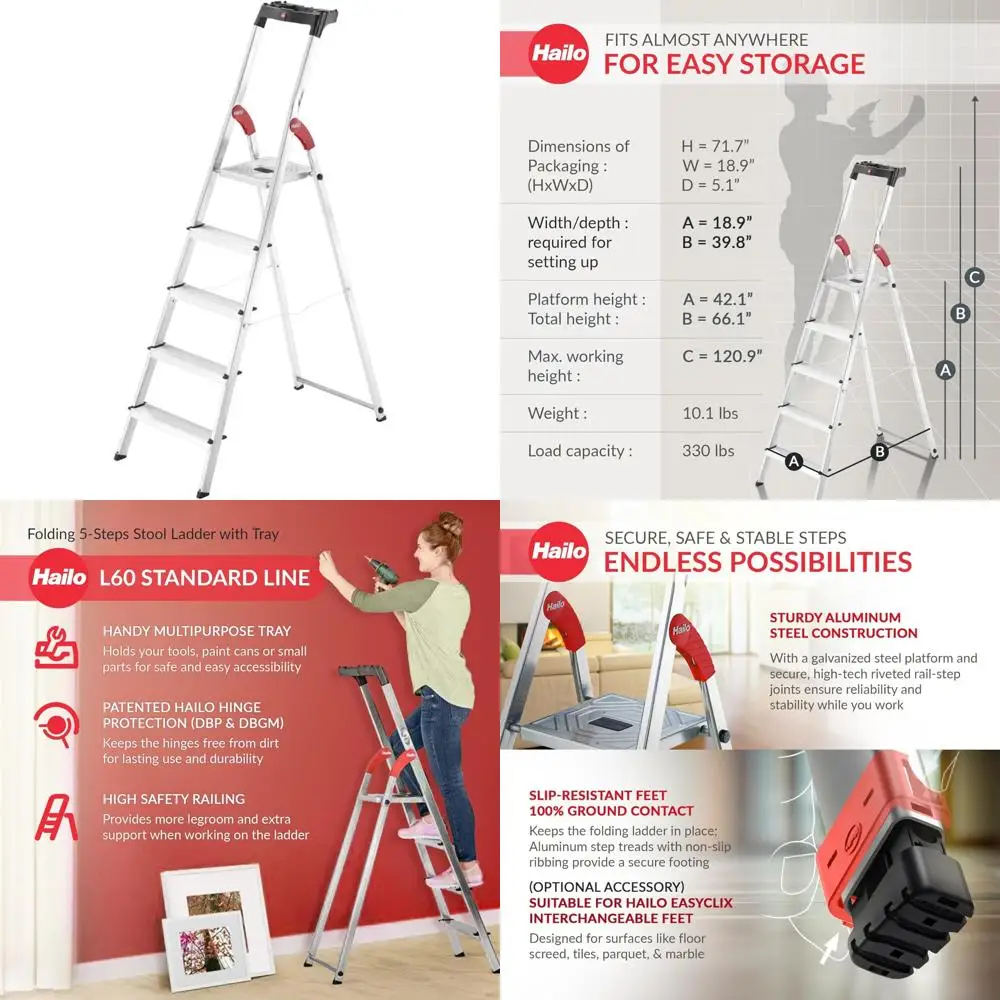 Escalera plegable de aluminio de 5 escalones con capacidad de carga de 330 lb, peldaños antideslizantes, riel de seguridad y plataforma de acero
